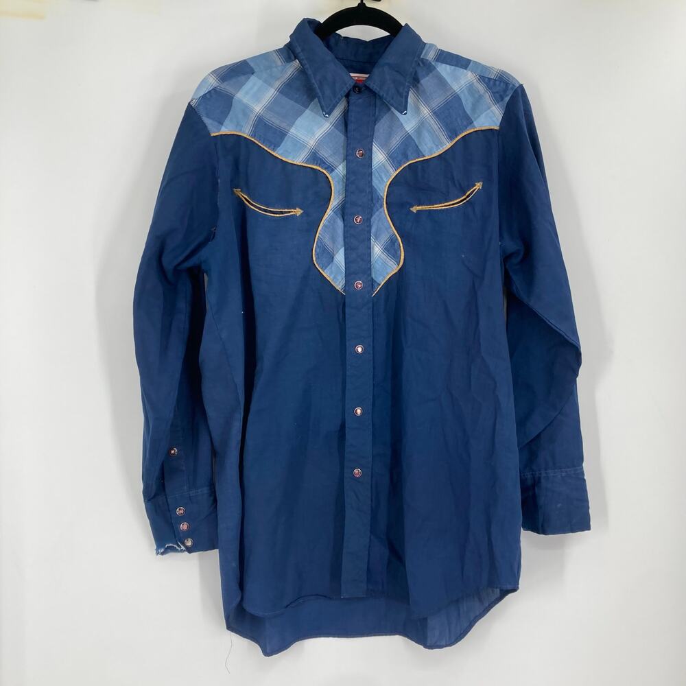 Vintage Ely Plains Western Pearl Snap Blue Plaid Men’s Medium 16.5-34 AS IS